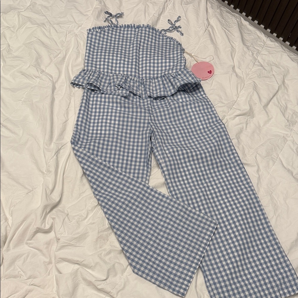 Blue Gingham Wide-Leg Jumpsuit with Ruffle Waist